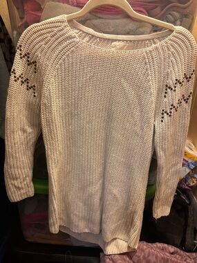 Women’s Cream Crewneck Knit Sweater with Eyelet Shoulder Detail